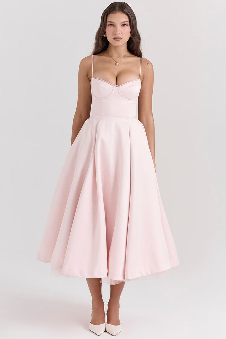 Women's Bustier Midi Cocktail Party Dress Full Skirt - Pink