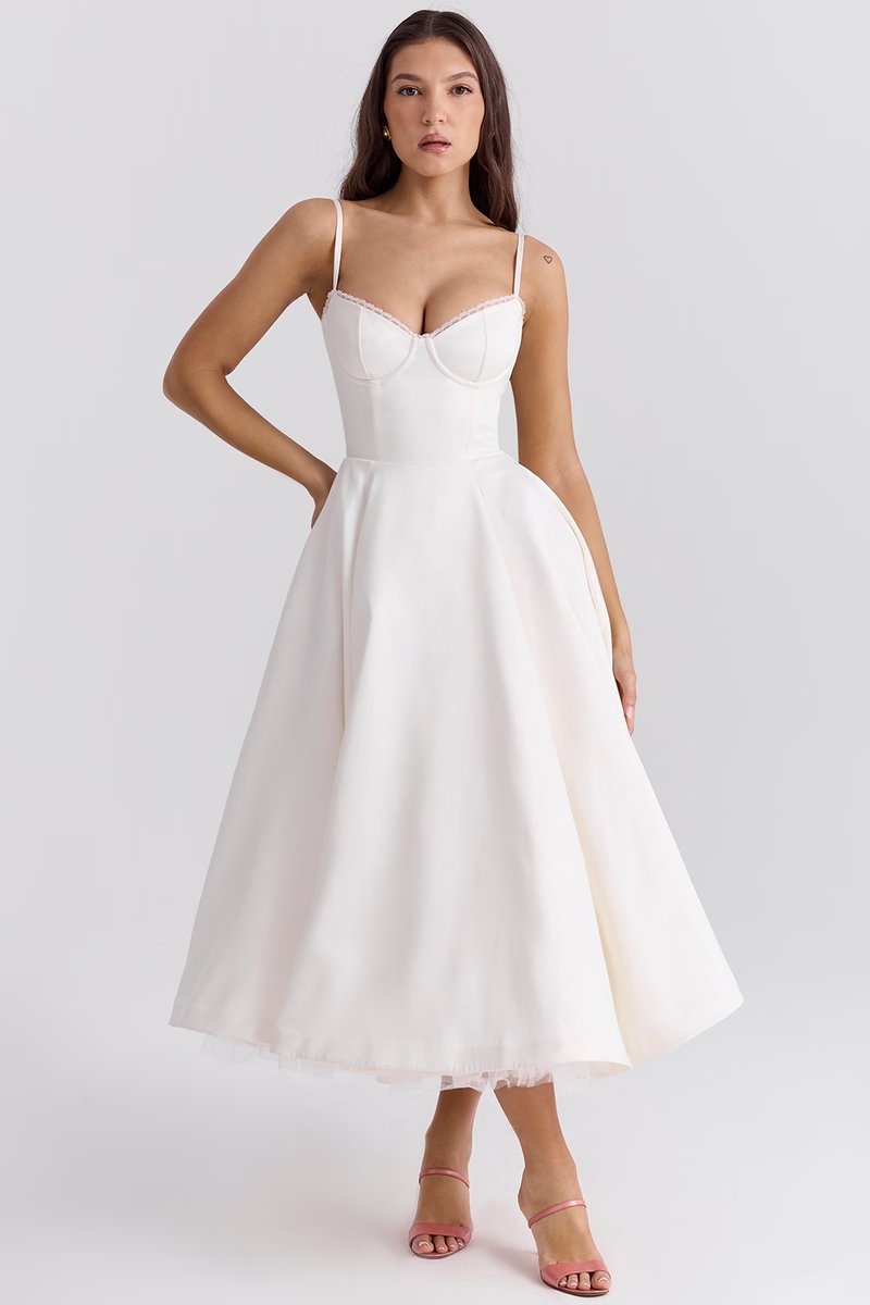 Women's Bustier Midi Cocktail Party Dress Full Skirt - White