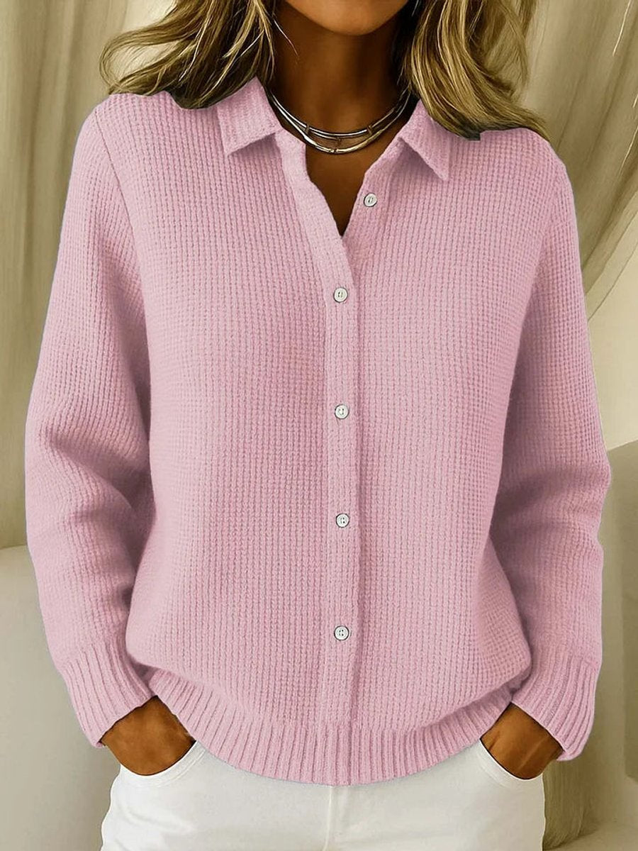 Women's Button-Front Ribbed Knit Long-Sleeve Cardigan Sweater - Pink