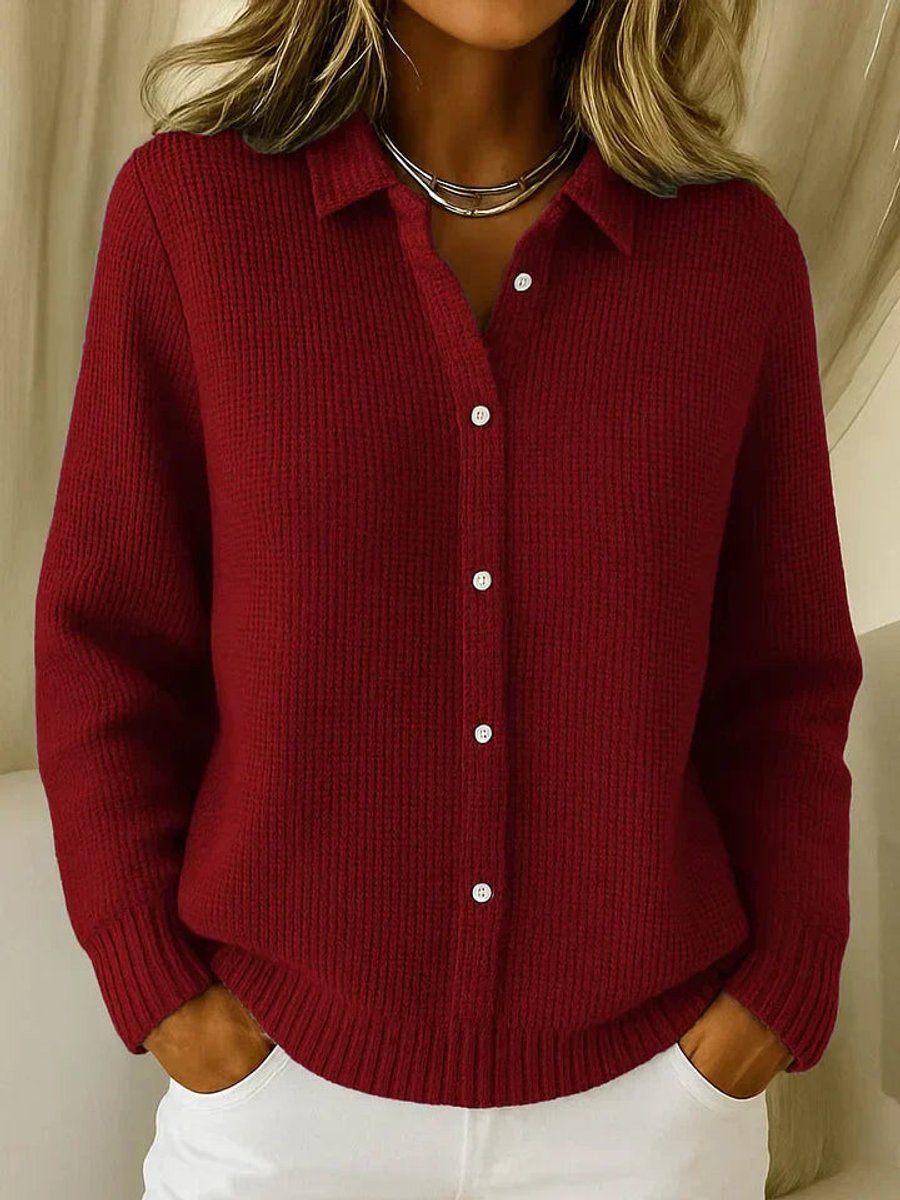 Women's Button-Front Ribbed Knit Long-Sleeve Cardigan Sweater - Dark Red