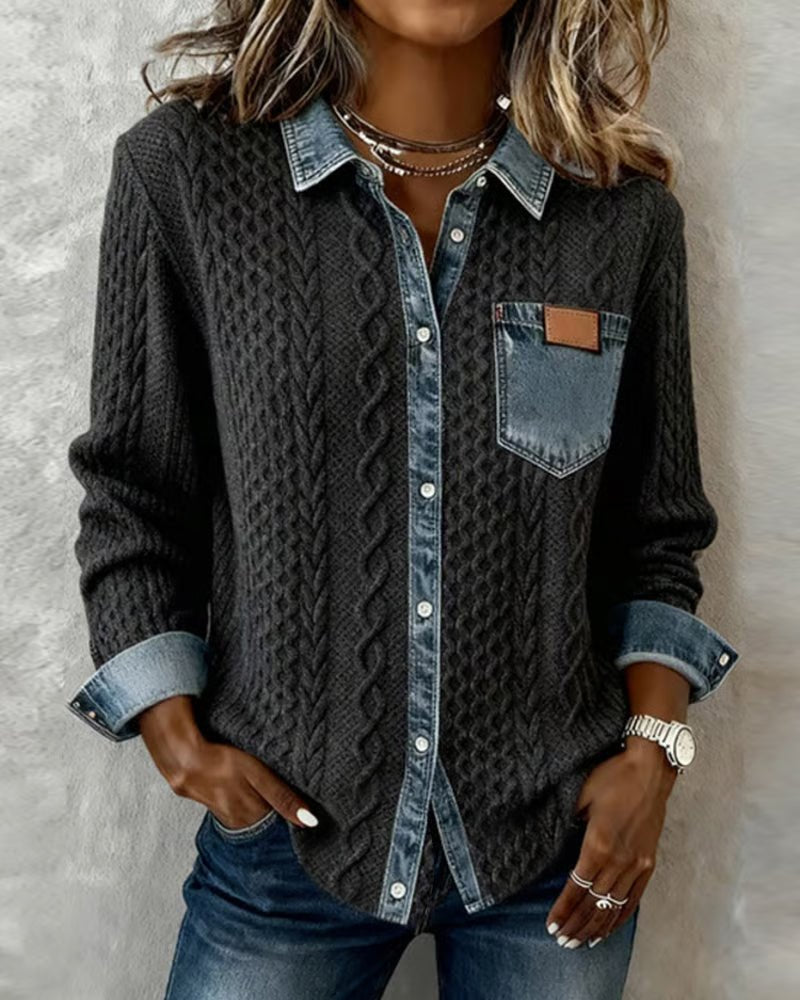 Women's Cable-Knit Denim-Patchwork Button-Down Shirt - Dark Gray