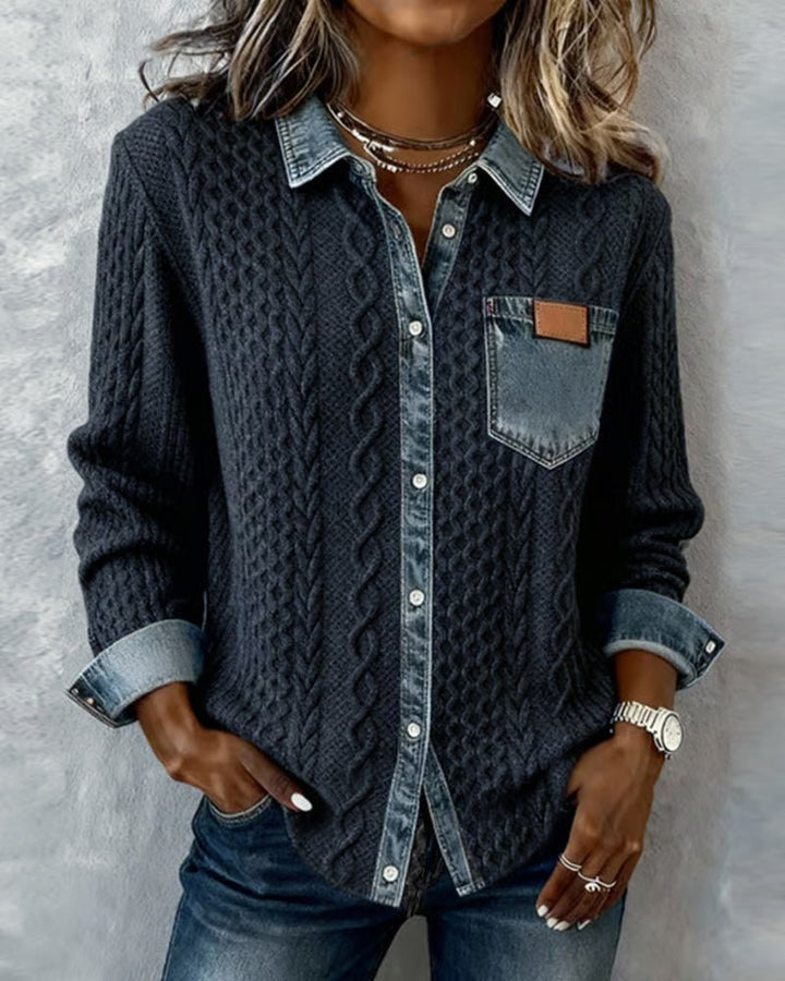 Women's Cable-Knit Denim-Patchwork Button-Down Shirt - Dark Blue