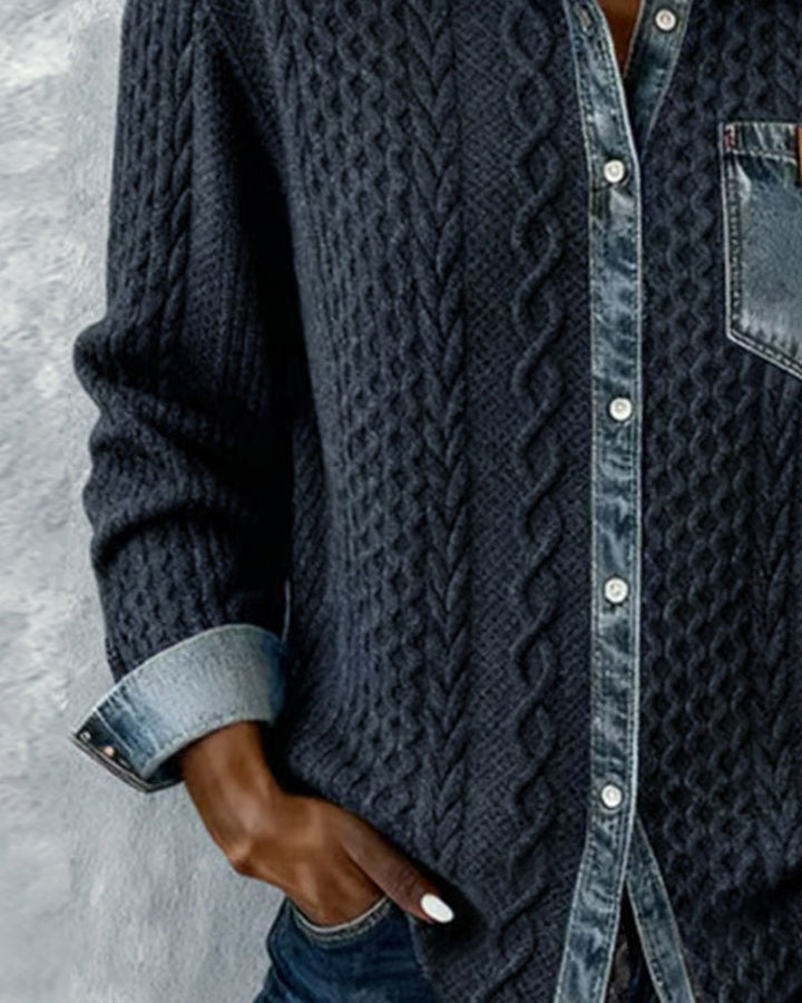 Women's Cable-Knit Denim-Patchwork Button-Down Shirt