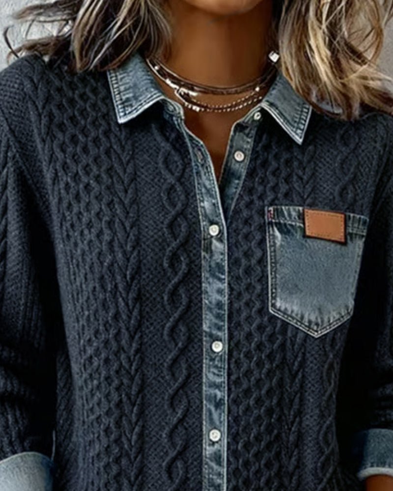 Women's Cable-Knit Denim-Patchwork Button-Down Shirt