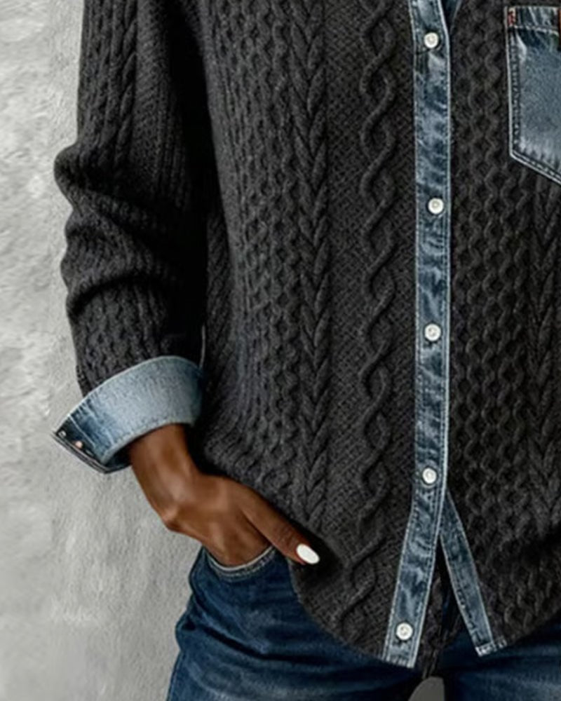 Women's Cable-Knit Denim-Patchwork Button-Down Shirt