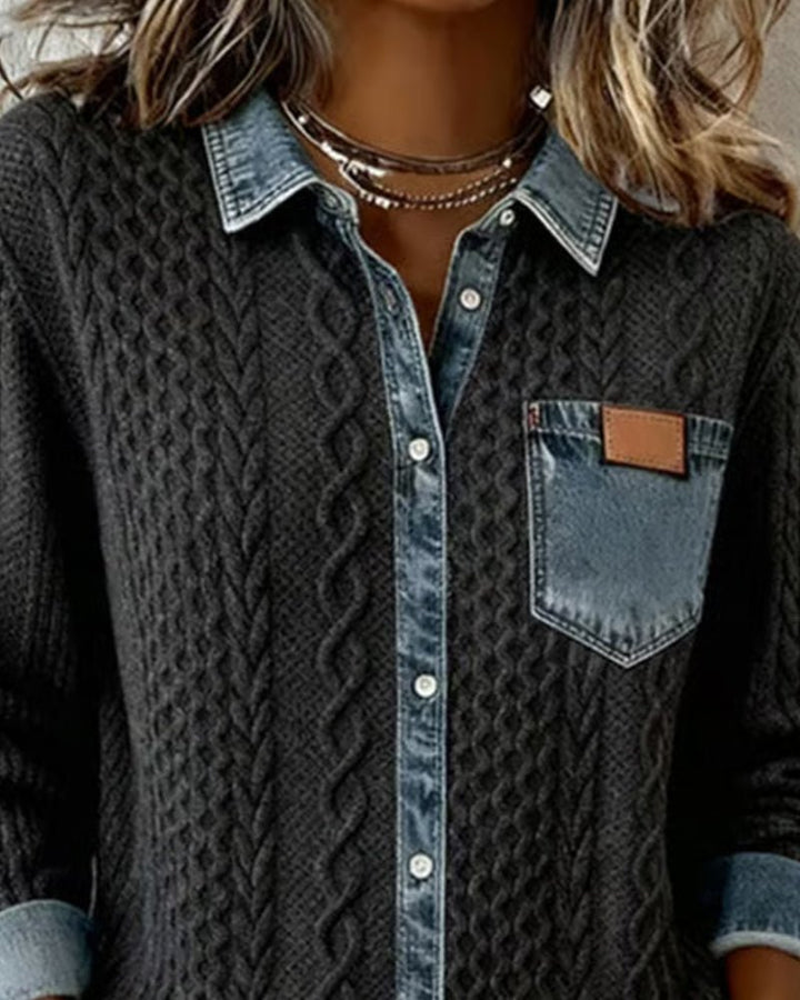 Women's Cable-Knit Denim-Patchwork Button-Down Shirt