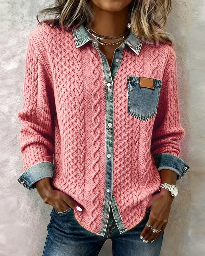 Women's Cable-Knit Denim-Patchwork Button-Down Shirt - Pink