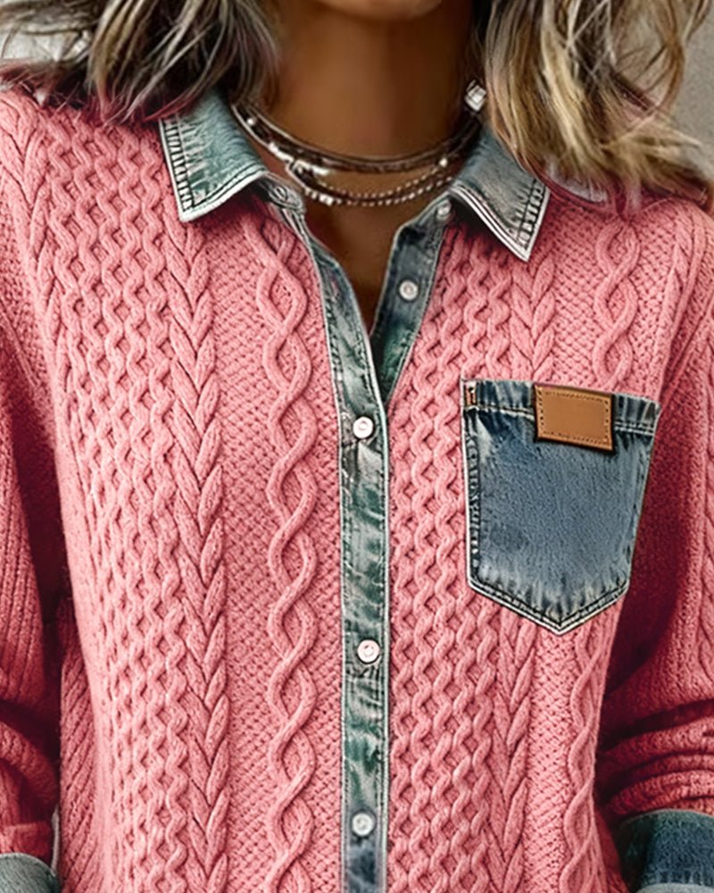 Women's Cable-Knit Denim-Patchwork Button-Down Shirt
