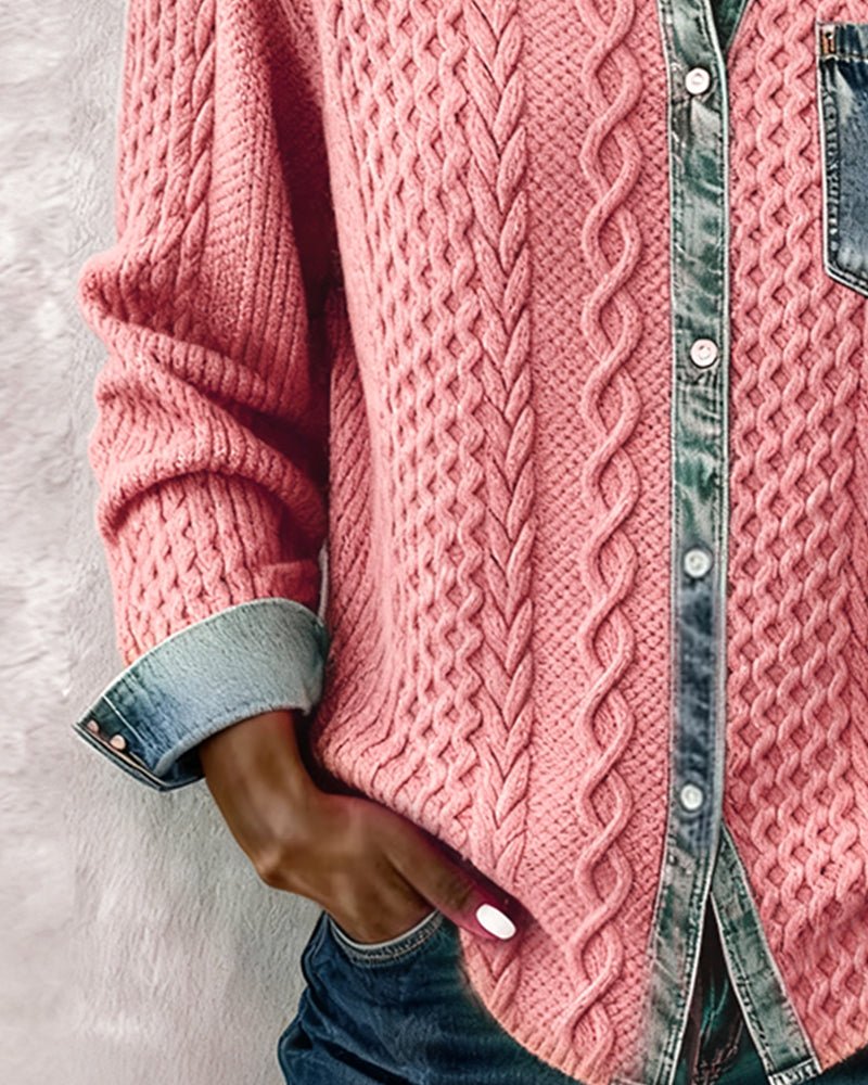 Women's Cable-Knit Denim-Patchwork Button-Down Shirt