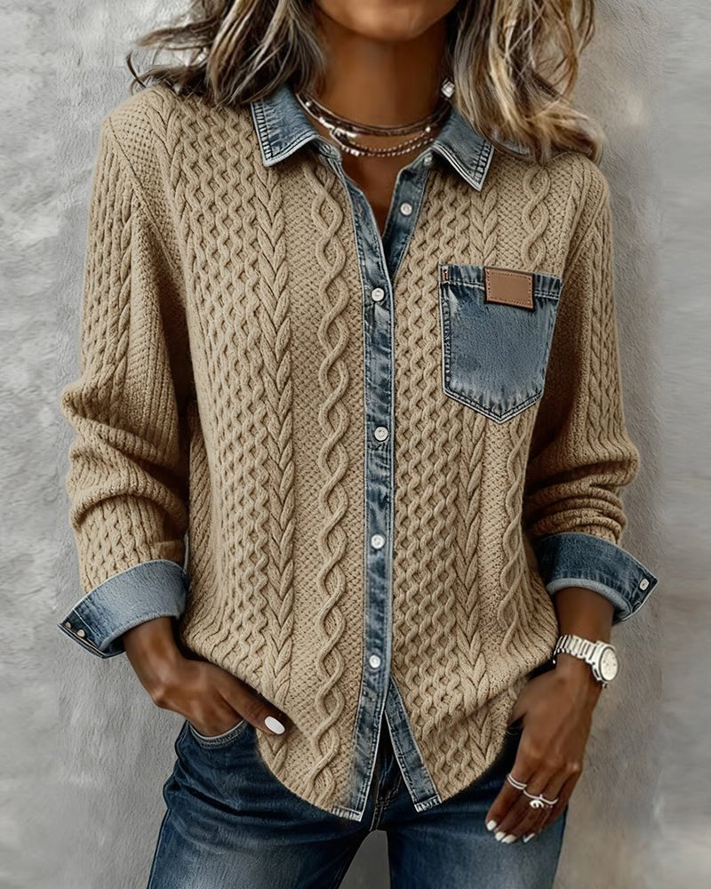 Women's Cable-Knit Denim-Patchwork Button-Down Shirt - Khaki