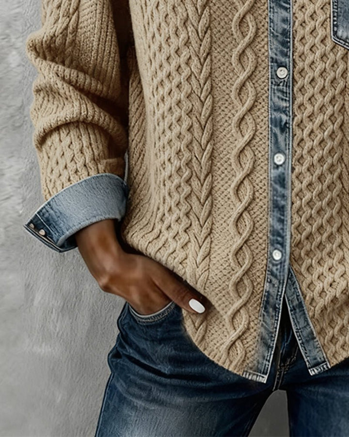 Women's Cable-Knit Denim-Patchwork Button-Down Shirt