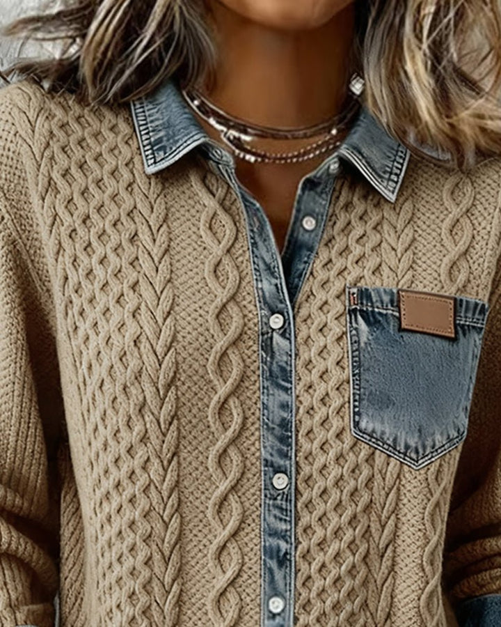 Women's Cable-Knit Denim-Patchwork Button-Down Shirt