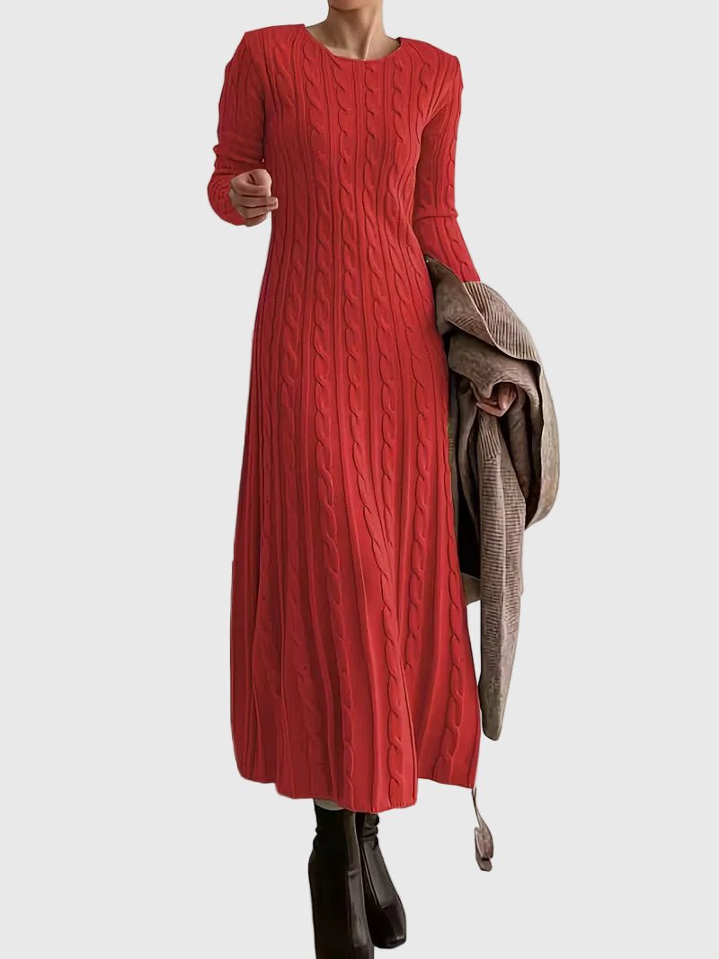 Women's Cable-Knit Long-Sleeve Midi Sweater Dress - Red