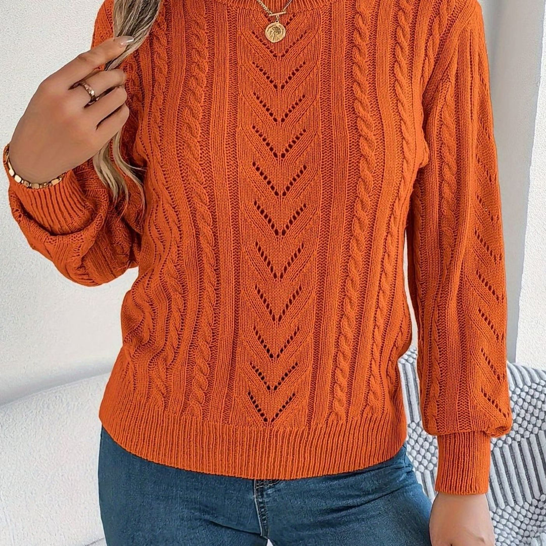 Women's Cable-Knit Openwork Round-Neck Pullover Sweater - Orange Red