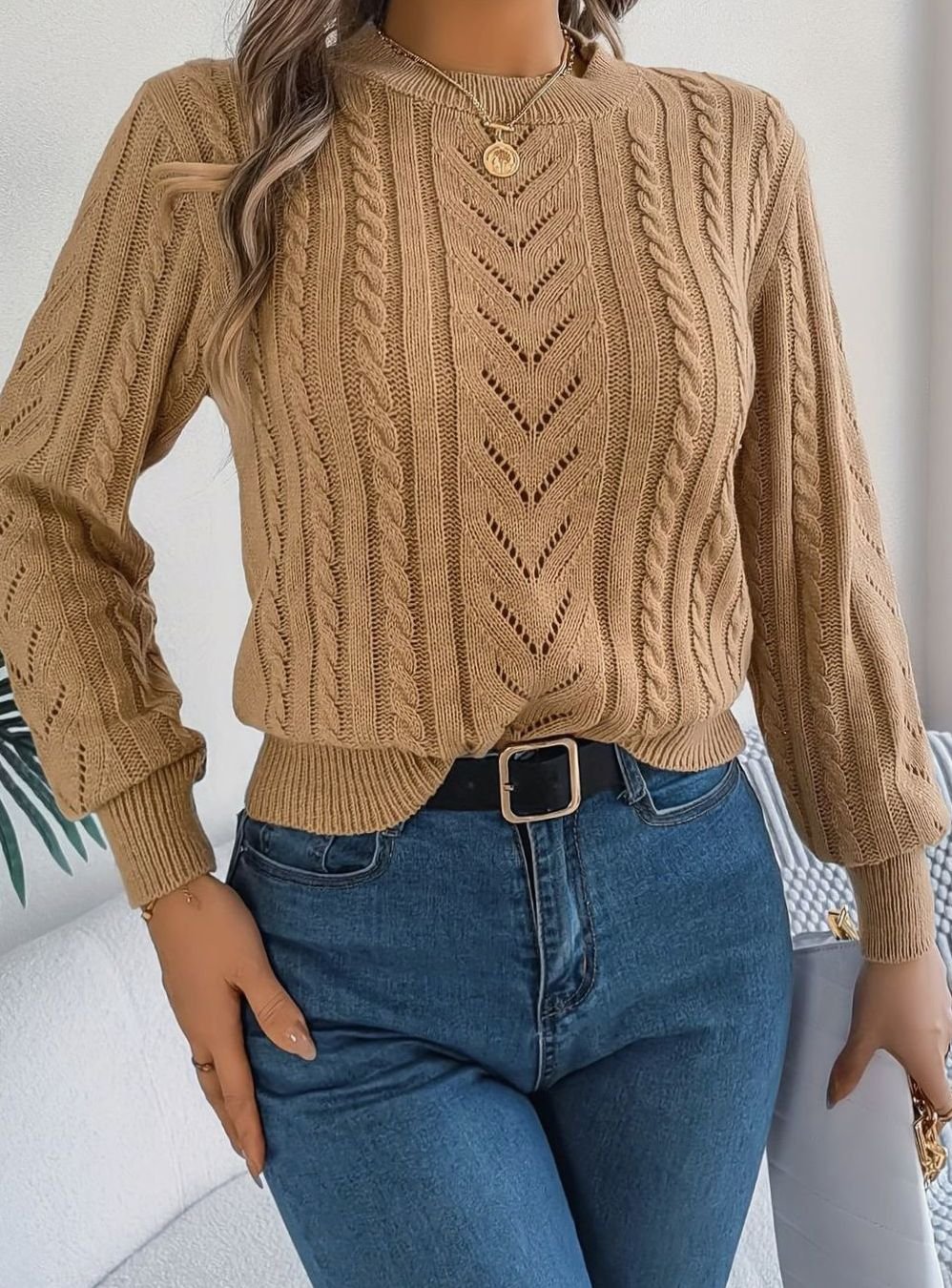 Women's Cable-Knit Openwork Round-Neck Pullover Sweater