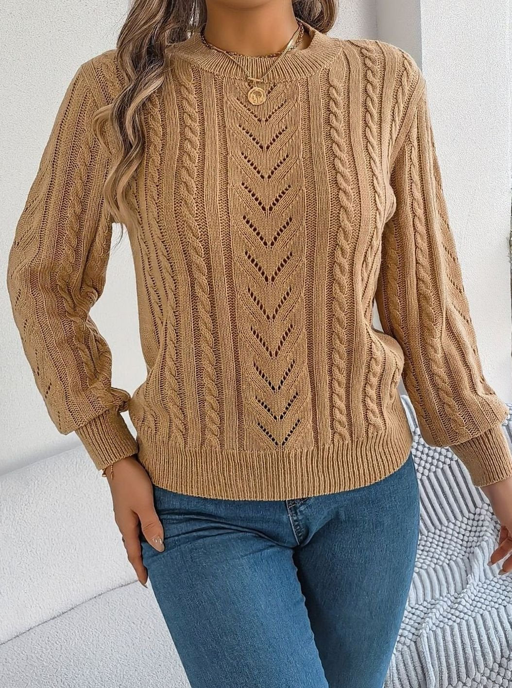 Women's Cable-Knit Openwork Round-Neck Pullover Sweater