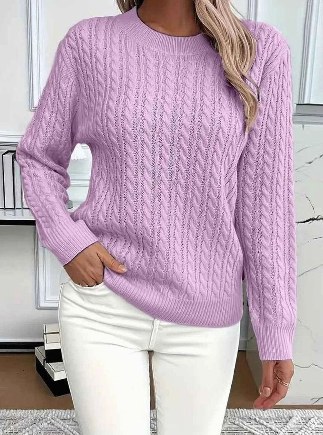 Women's Cable-Knit Relaxed Crewneck Knitwear Sweater - Purple