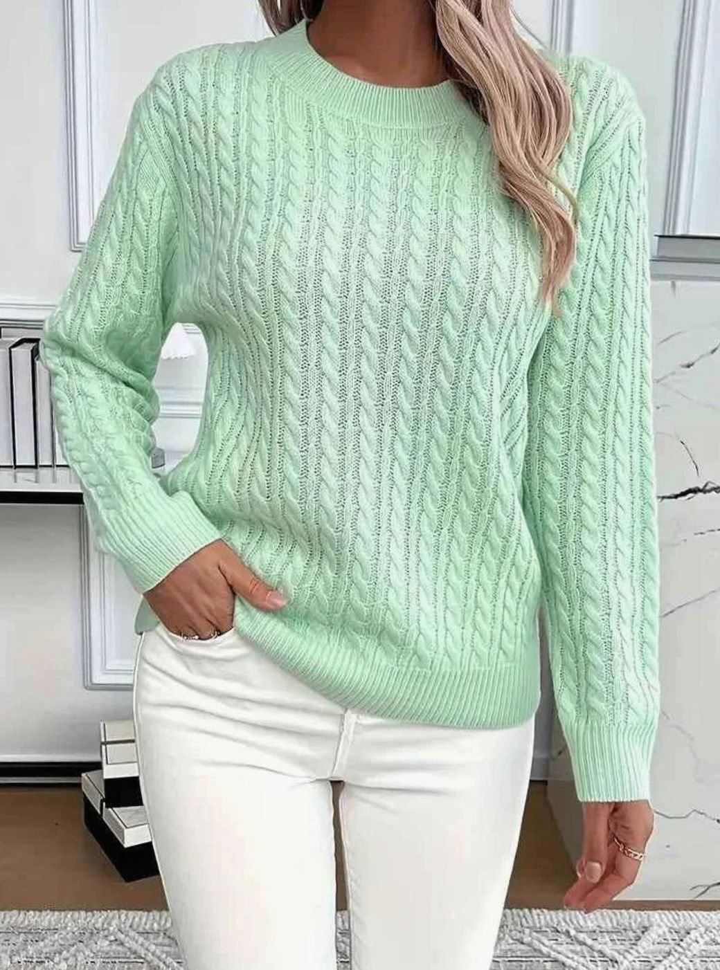 Women's Cable-Knit Relaxed Crewneck Knitwear Sweater - Light Green