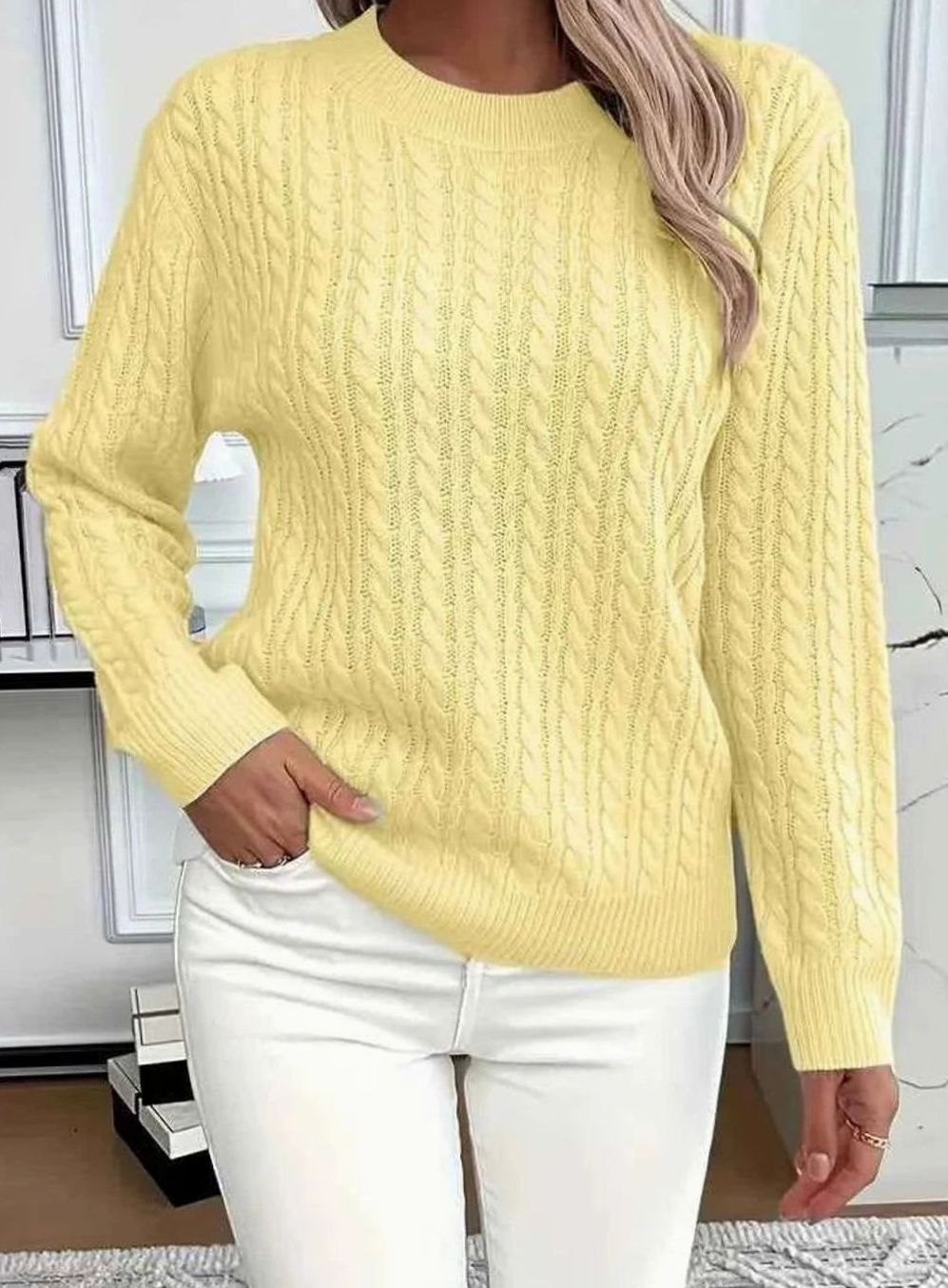 Women's Cable-Knit Relaxed Crewneck Knitwear Sweater - Yellow