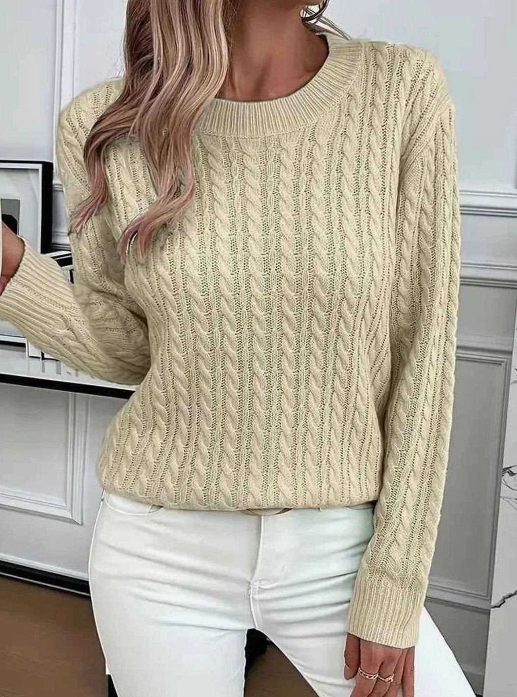 Women's Cable-Knit Relaxed Crewneck Knitwear Sweater - Khaki