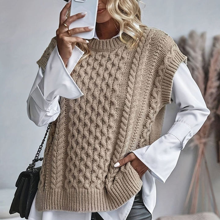 Women's Cable-Knit Relaxed-Fit Mock-Neck Sweater Vest - Khaki