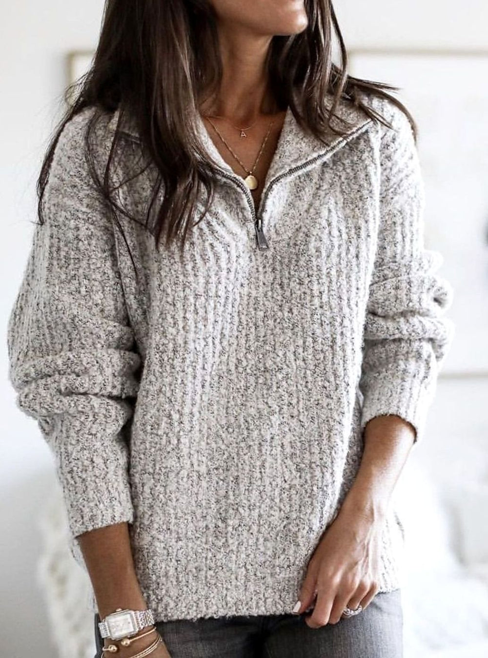 Women's Cable-Knit Ribbed Sweater Collared Quarter-Zip Pullover - Grey