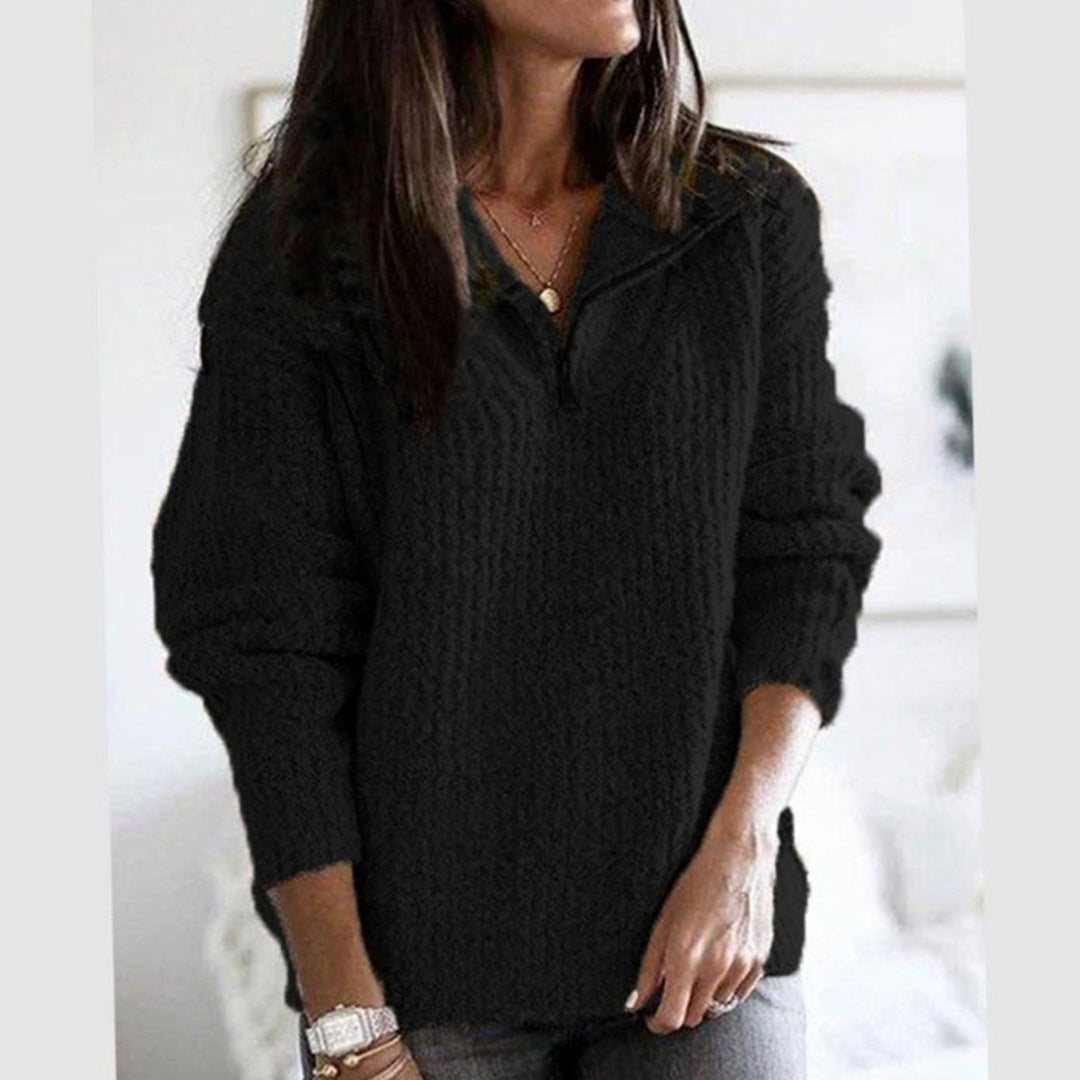 Women's Cable-Knit Ribbed Sweater Collared Quarter-Zip Pullover - Black