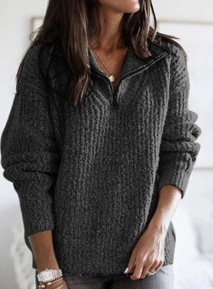 Women's Cable-Knit Ribbed Sweater Collared Quarter-Zip Pullover - Dark Grey