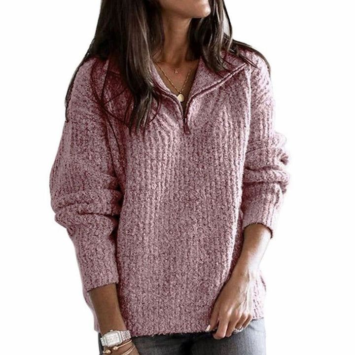 Women's Cable-Knit Ribbed Sweater Collared Quarter-Zip Pullover - Pink