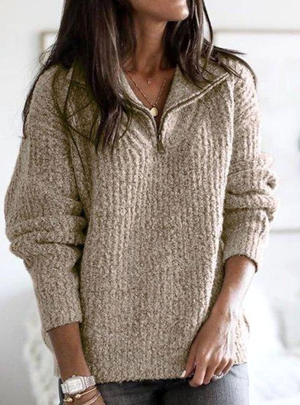 Women's Cable-Knit Ribbed Sweater Collared Quarter-Zip Pullover - Khaki