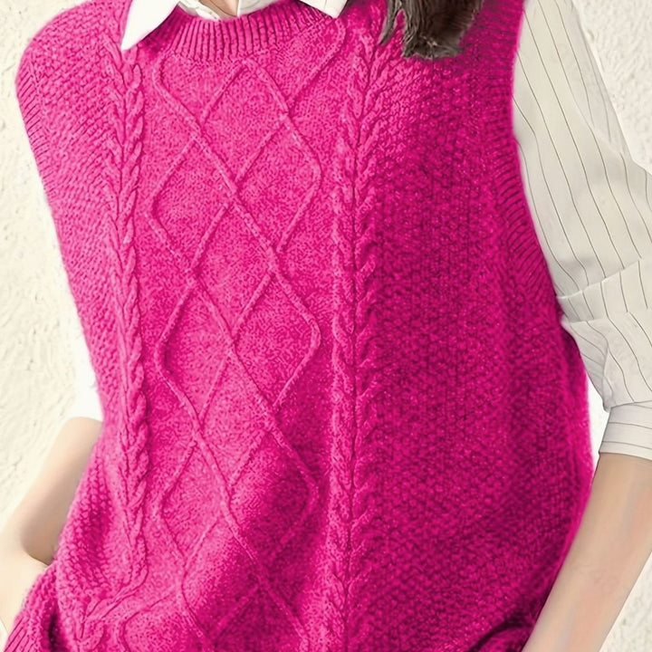 Women's Cable-Knit Round-Neck Sleeveless Sweater Vest - Rose Red