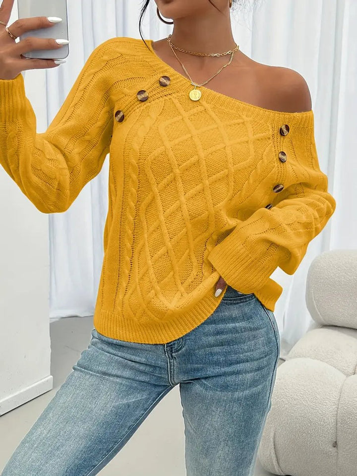 Women's Cable Knit Sweater Raglan-Sleeve Button-Detail Pullover
