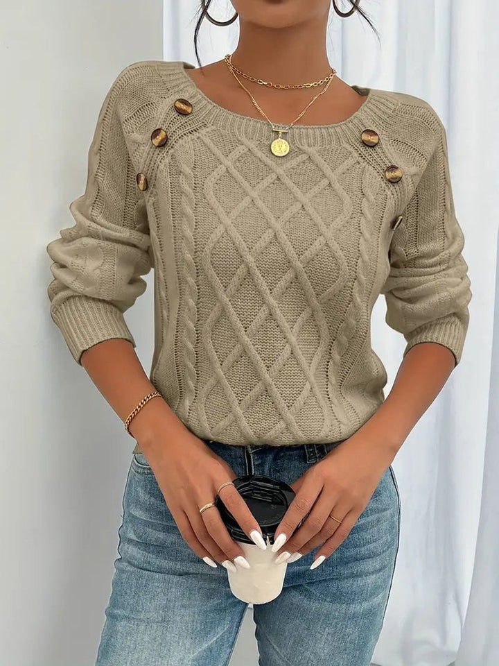 Women's Cable Knit Sweater Raglan-Sleeve Button-Detail Pullover - Khaki