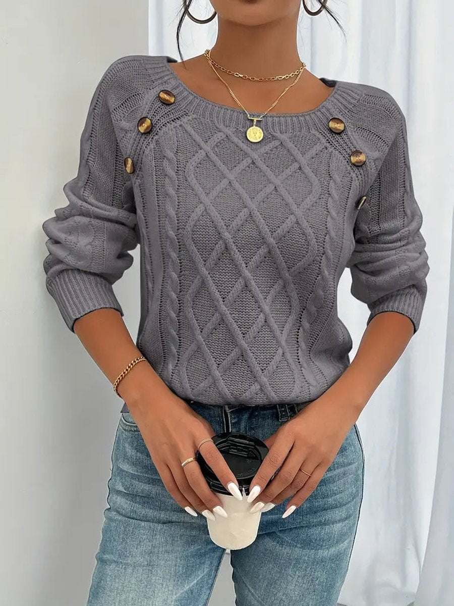 Women's Cable Knit Sweater Raglan-Sleeve Button-Detail Pullover - Dark Gray