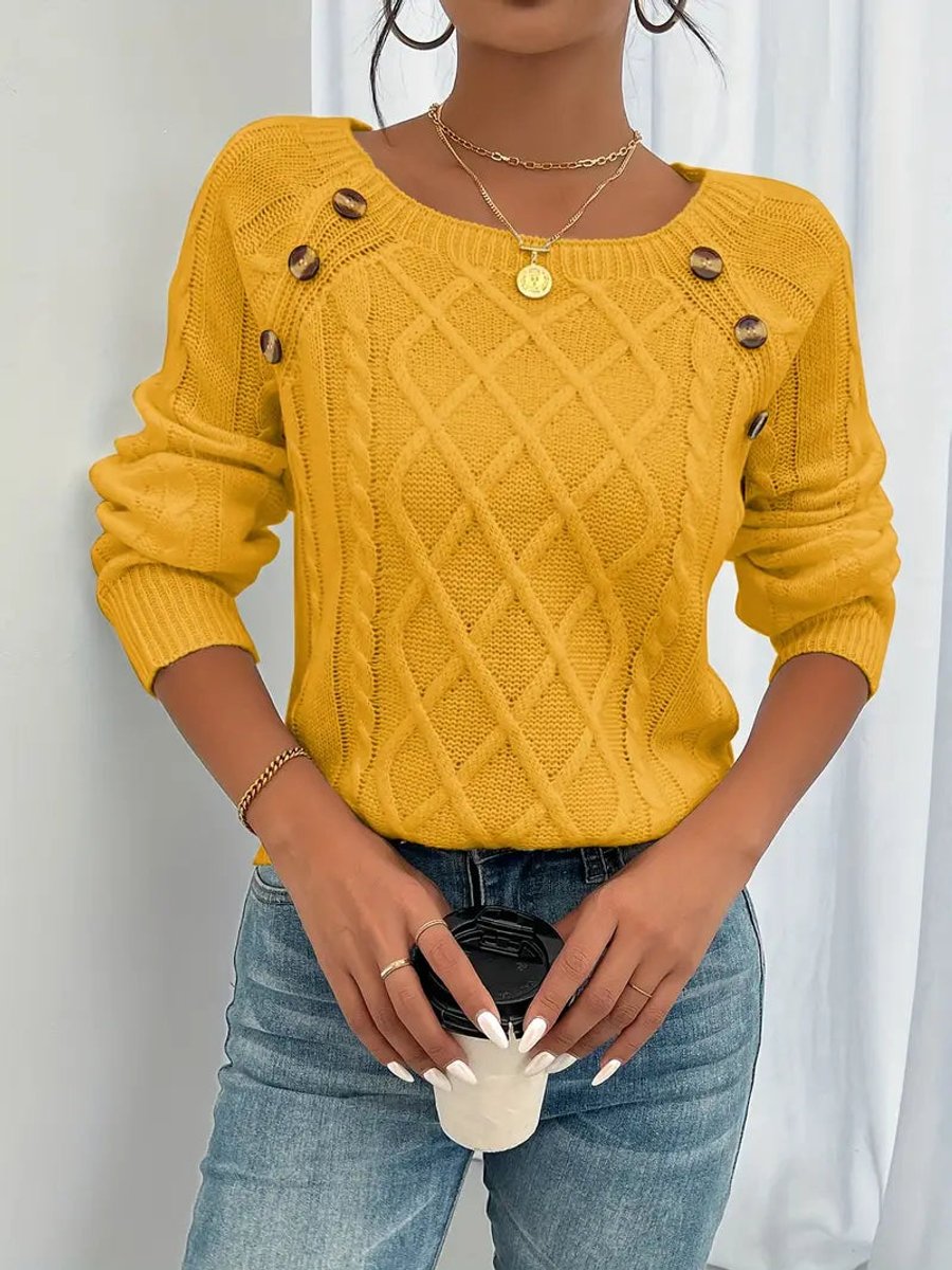 Women's Cable Knit Sweater Raglan-Sleeve Button-Detail Pullover - Gold