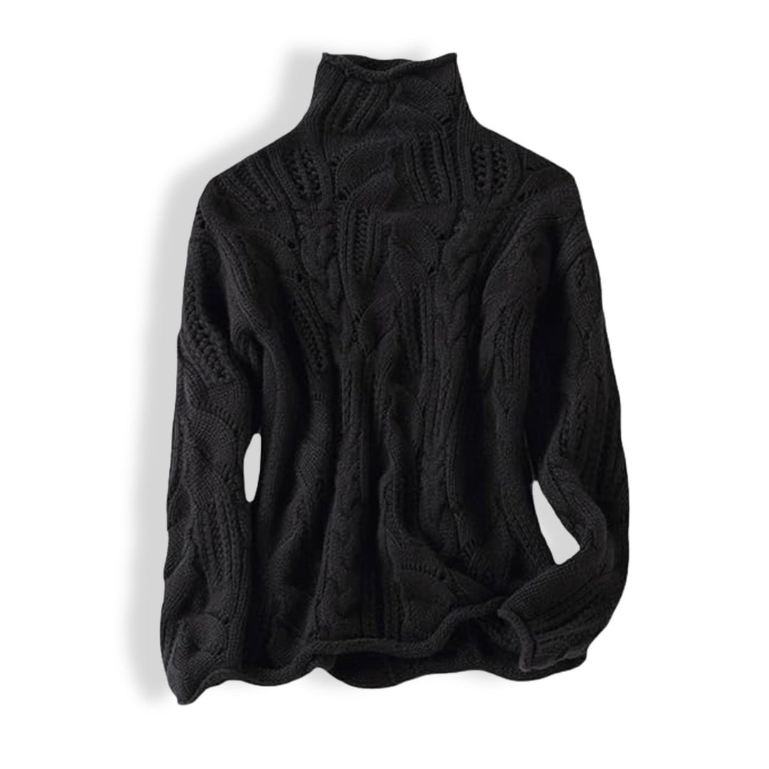 Women's Cable Knit Sweater Turtleneck Loose Fit Pullover - Black