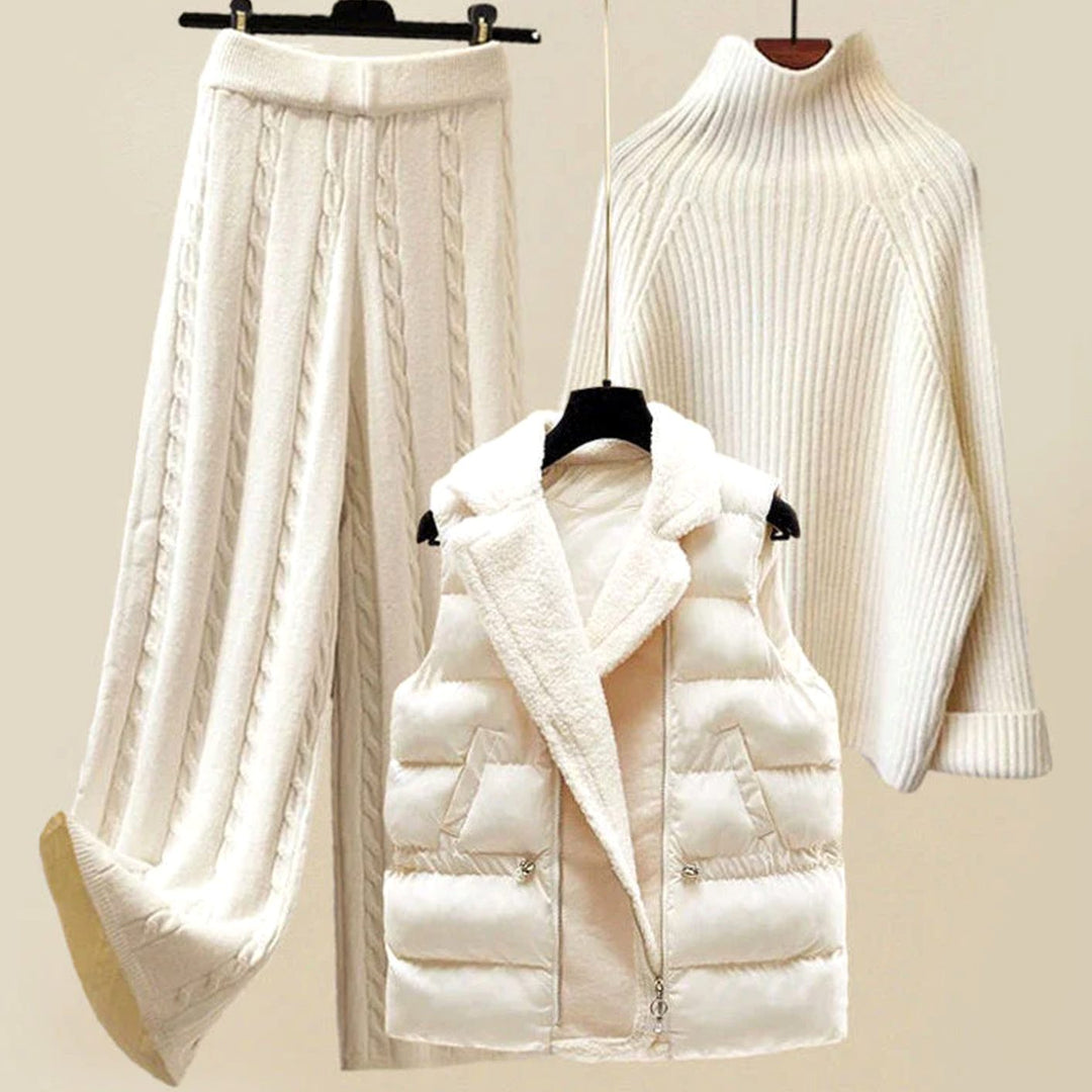 Women's Cable-Knit Turtleneck Quilted Vest Wide-Leg Loungewear Set - White