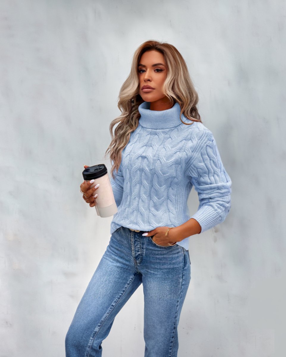 Women's Cable Knit Turtleneck Sweater Cozy Long Sleeve Pullover - Blue