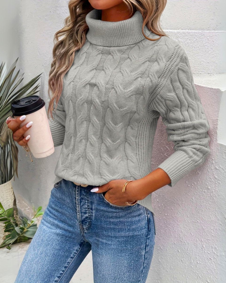 Women's Cable Knit Turtleneck Sweater Cozy Long Sleeve Pullover - Gray
