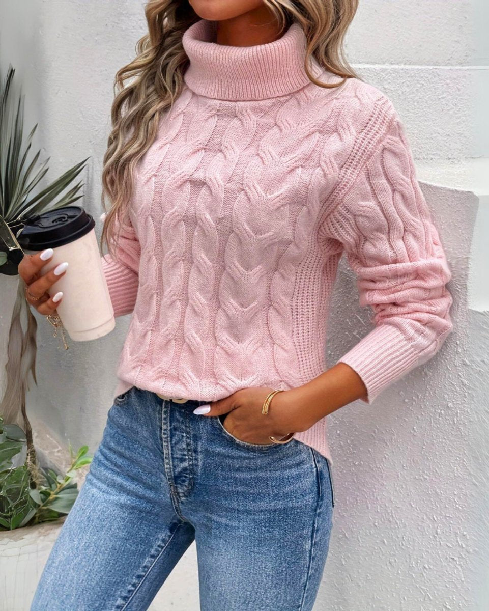 Women's Cable Knit Turtleneck Sweater Cozy Long Sleeve Pullover - Pink