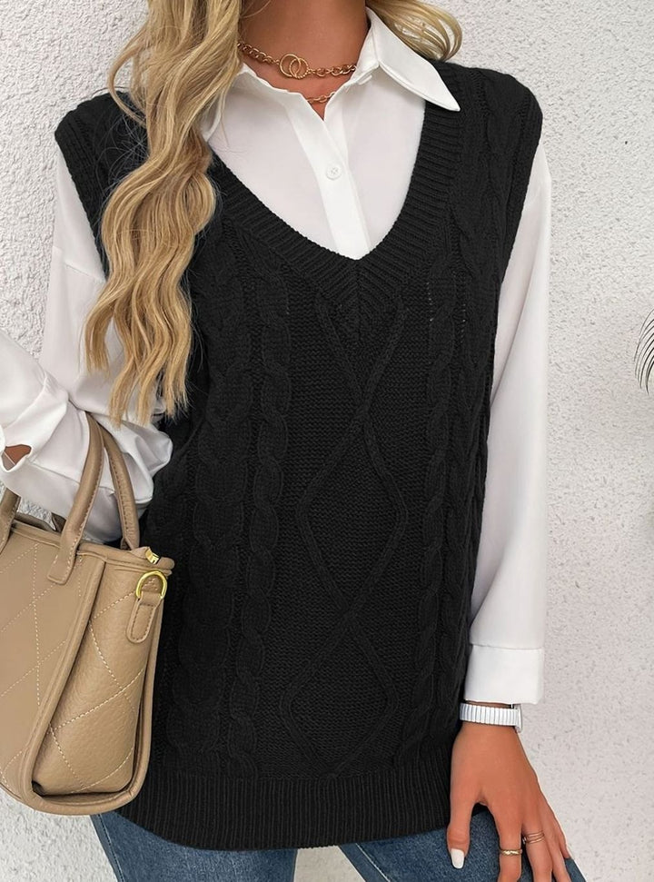 Women's Cable-Knit V-Neck Sweater Vest Relaxed Layering Pullover