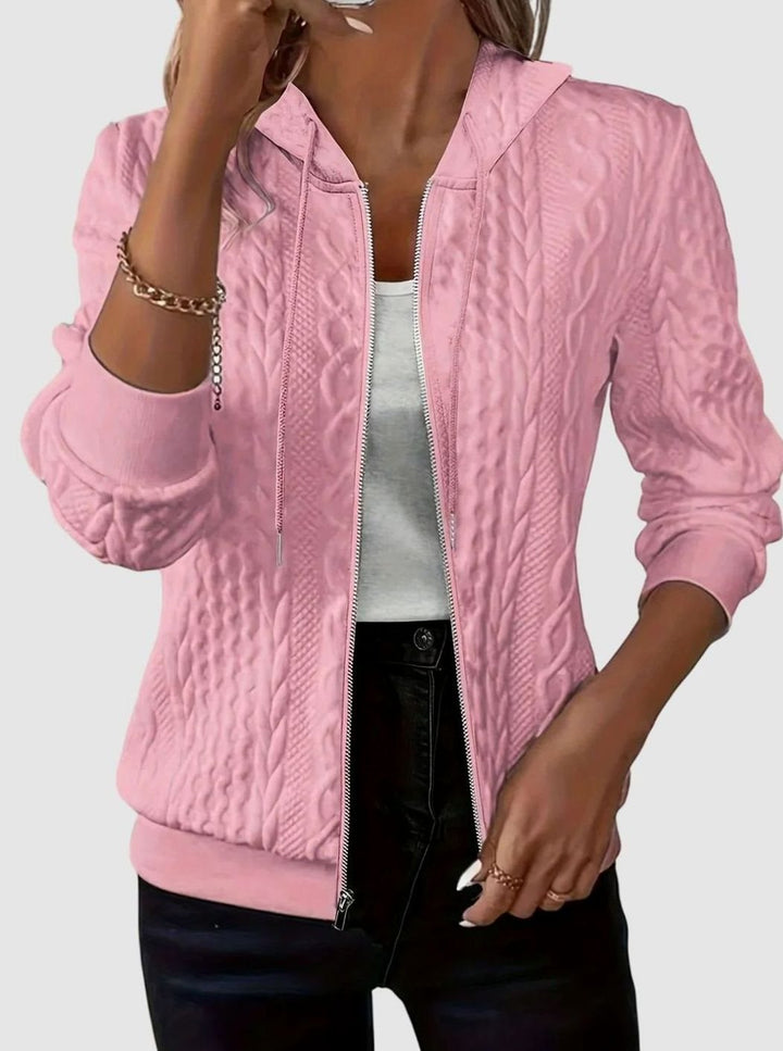 Women's Cable-Knit Zip-Up Hooded Jacket Sweater - Pink