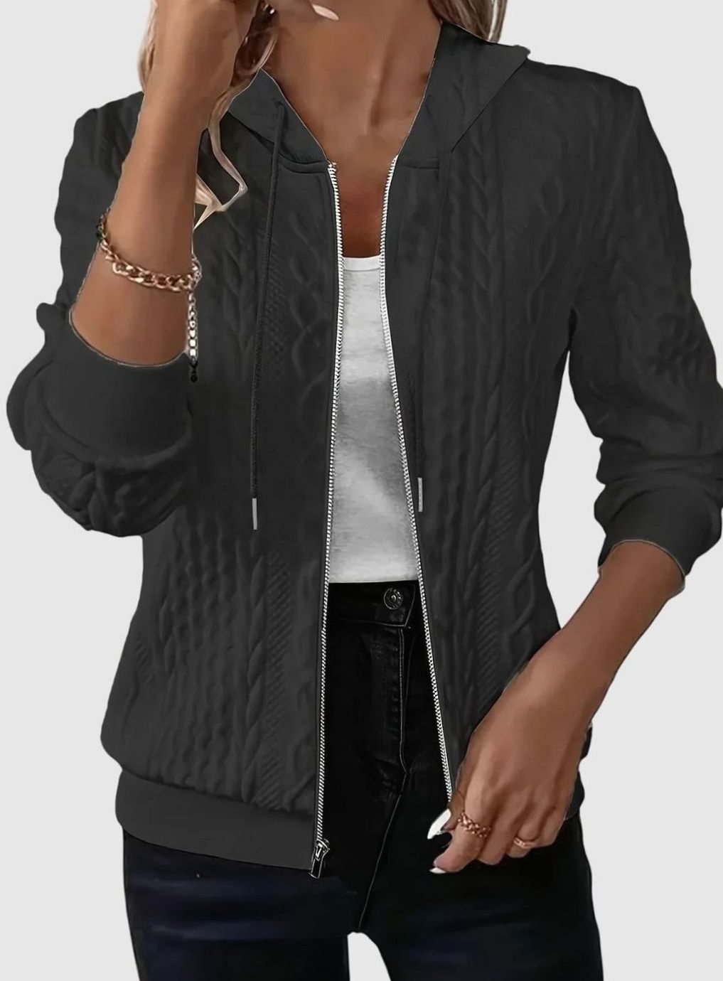 Women's Cable-Knit Zip-Up Hooded Jacket Sweater - Black