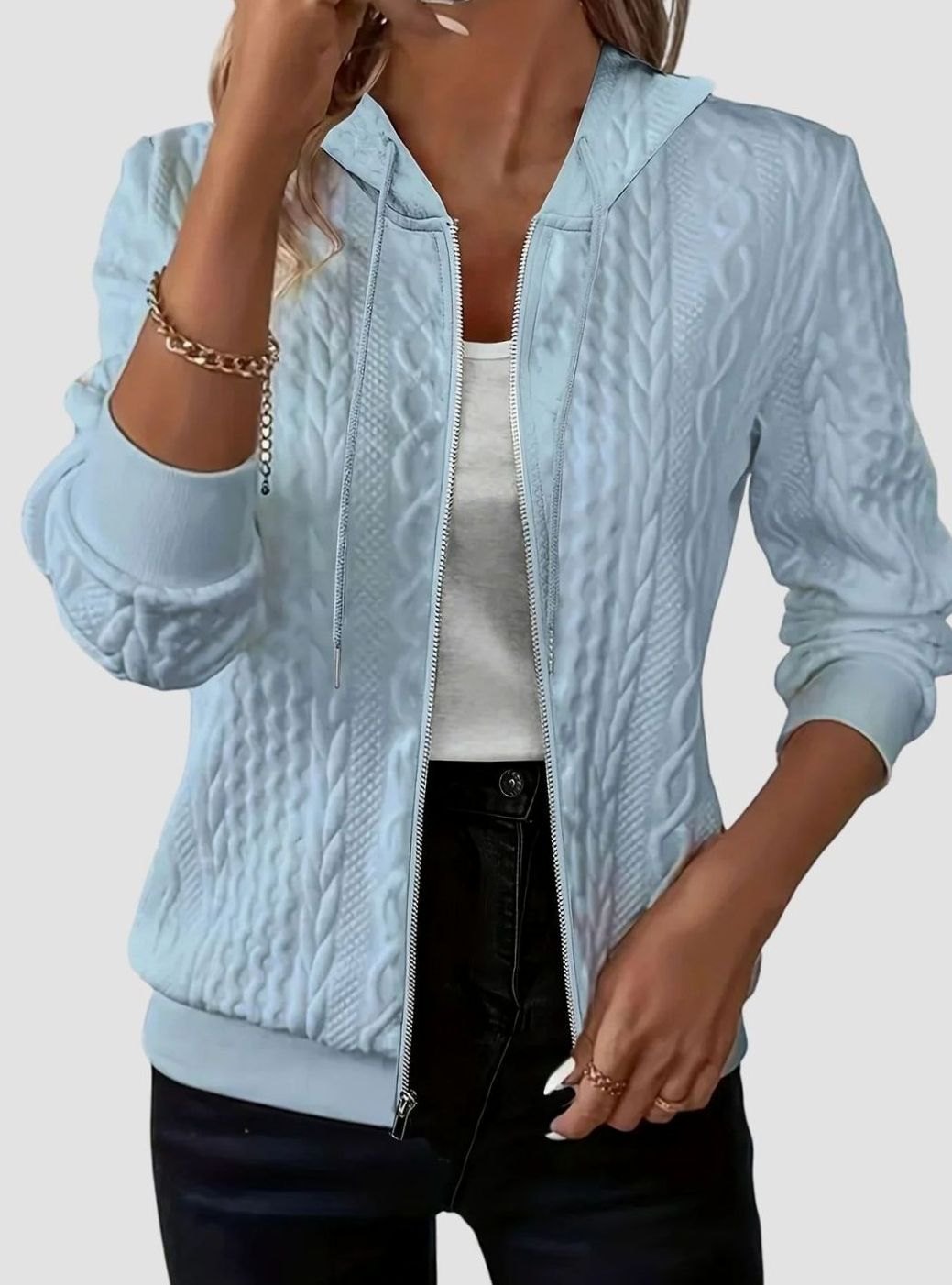 Women's Cable-Knit Zip-Up Hooded Jacket Sweater - Sky Blue