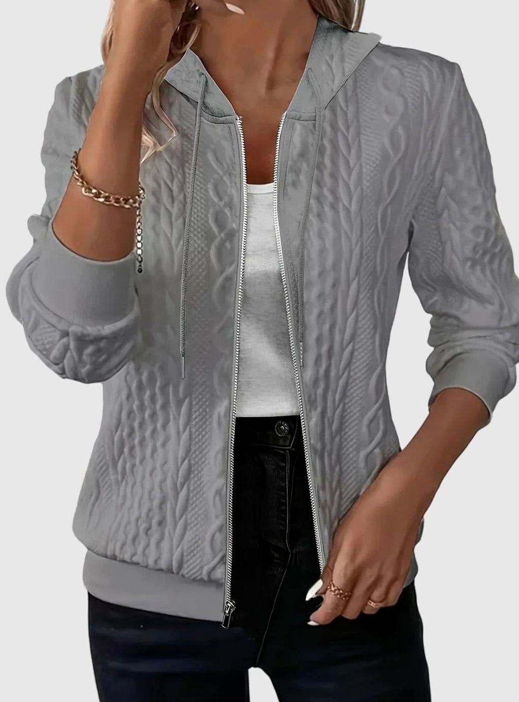 Women's Cable-Knit Zip-Up Hooded Jacket Sweater - Grey