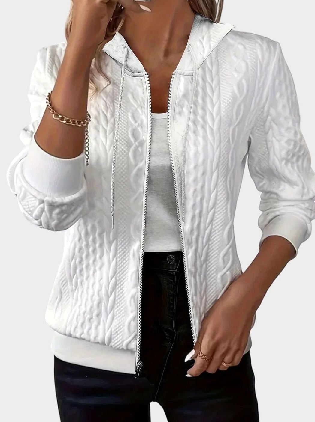 Women's Cable-Knit Zip-Up Hooded Jacket Sweater - White
