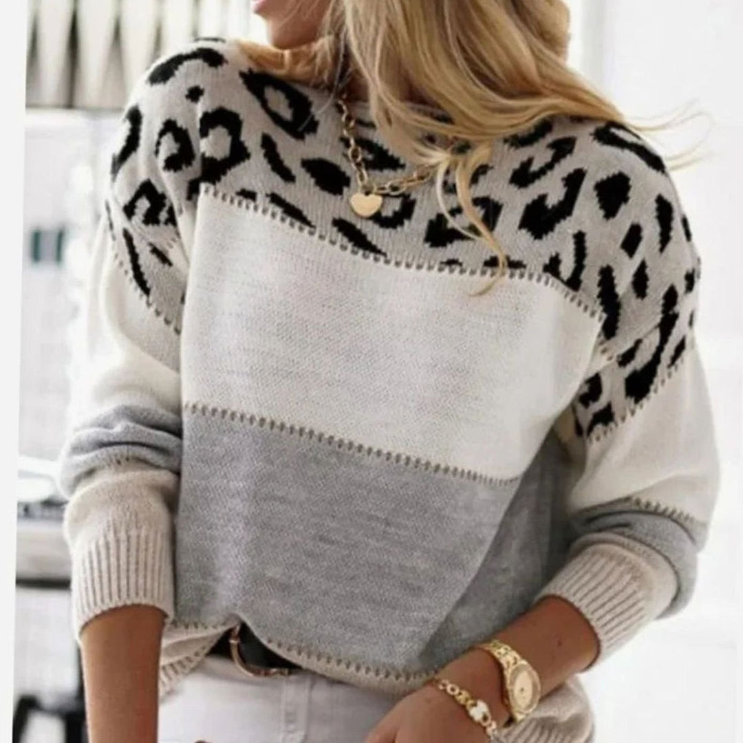 Women's Cashmere Turtleneck Color Block Leopard Print Knit Sweater - Gray