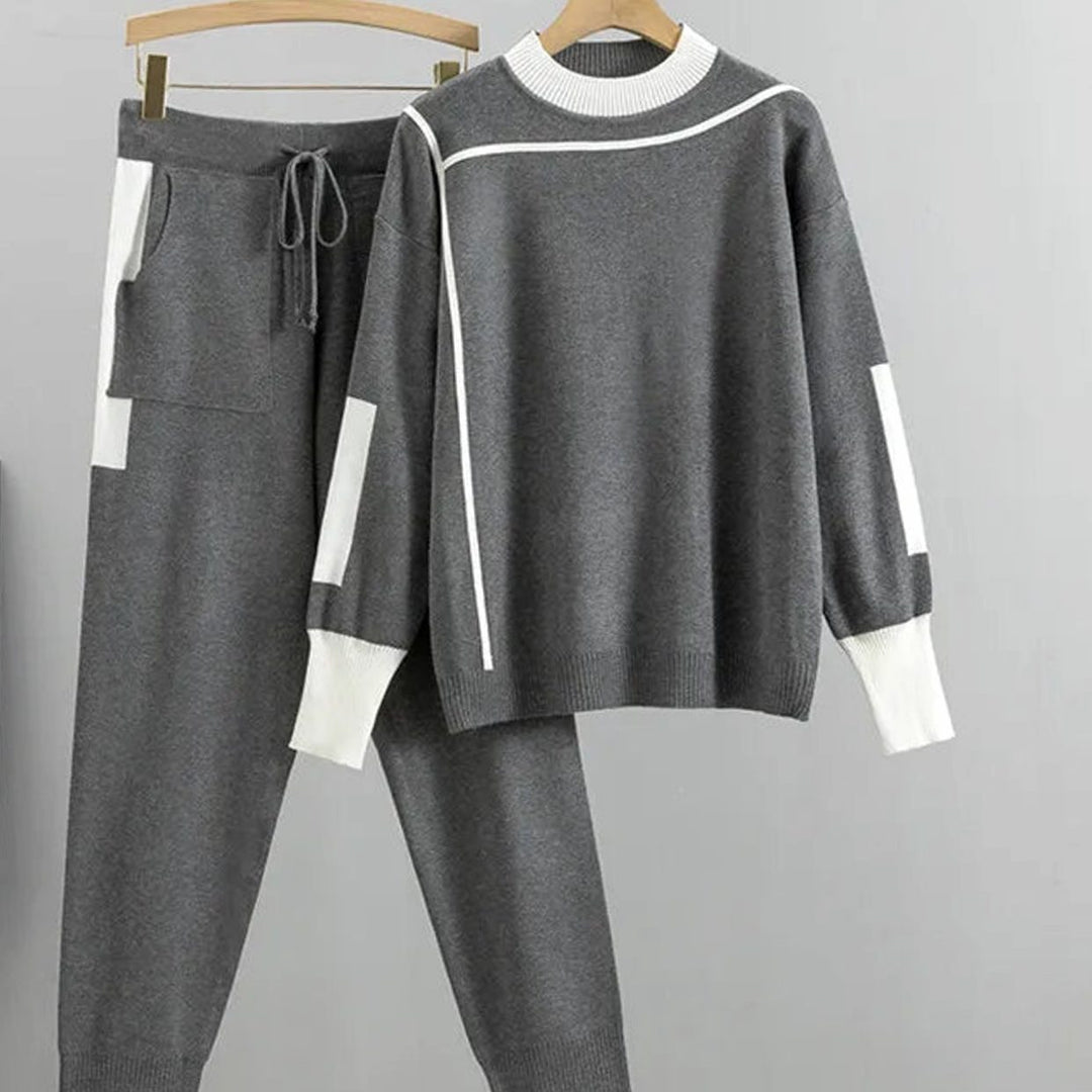 Women's Casual Knit Two-Piece Sweater Pants Set Contrast Trim - Gray