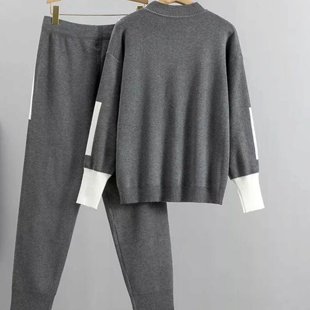 Women's Casual Knit Two-Piece Sweater Pants Set Contrast Trim
