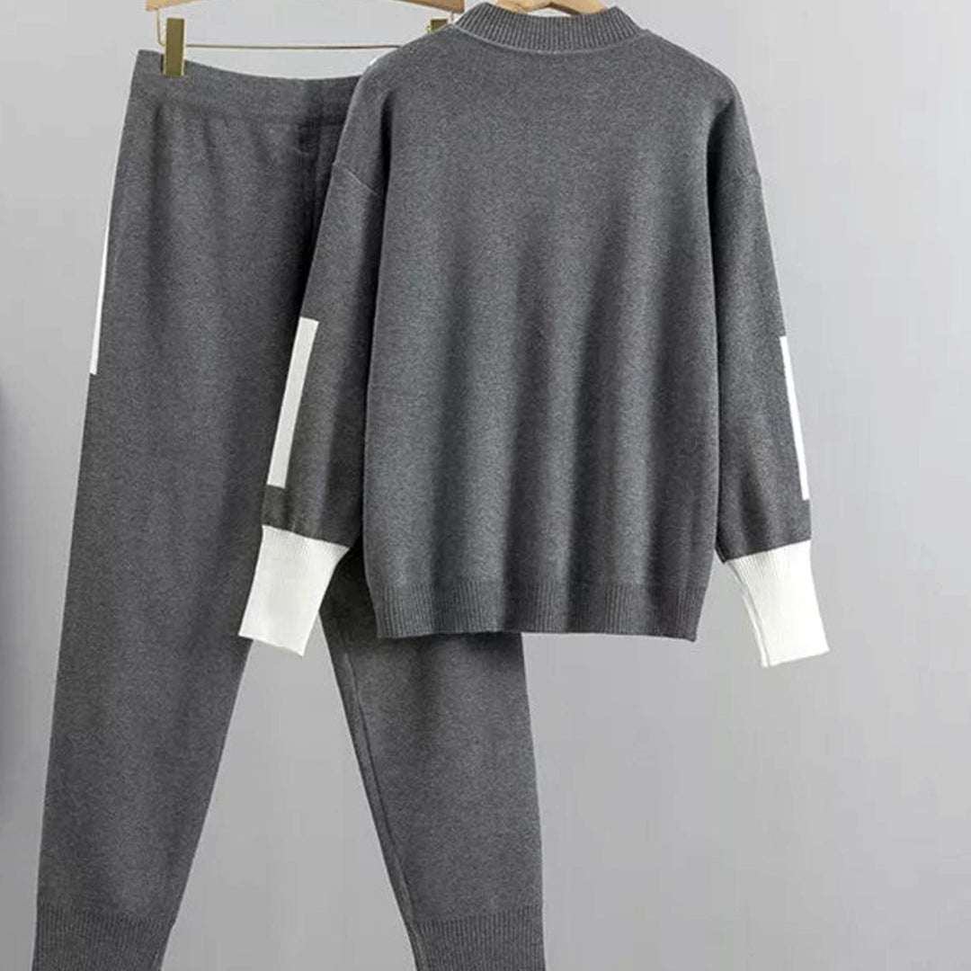 Women's Casual Knit Two-Piece Sweater Pants Set Contrast Trim